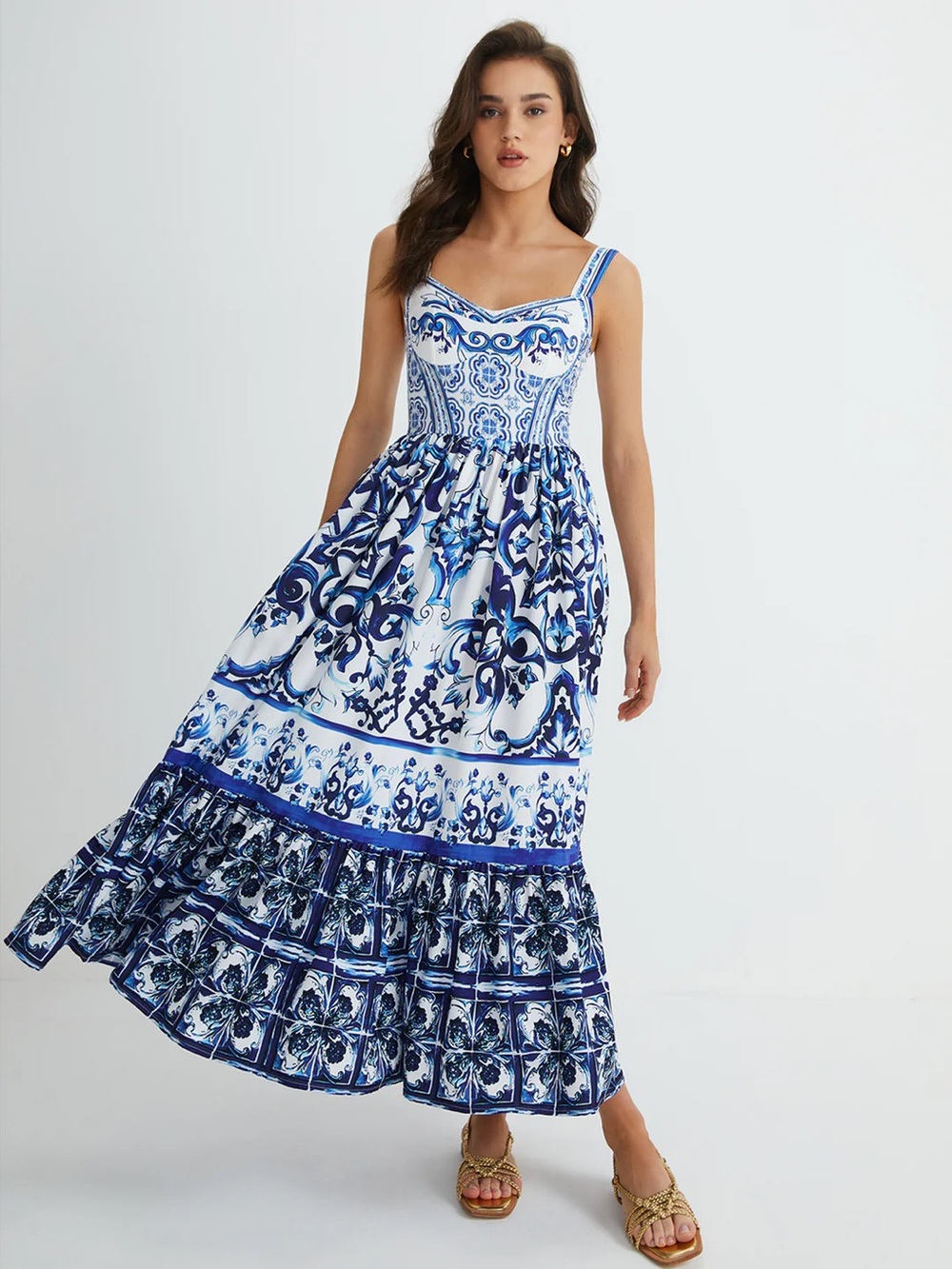 Blue Tile-Print Maxi Sundress